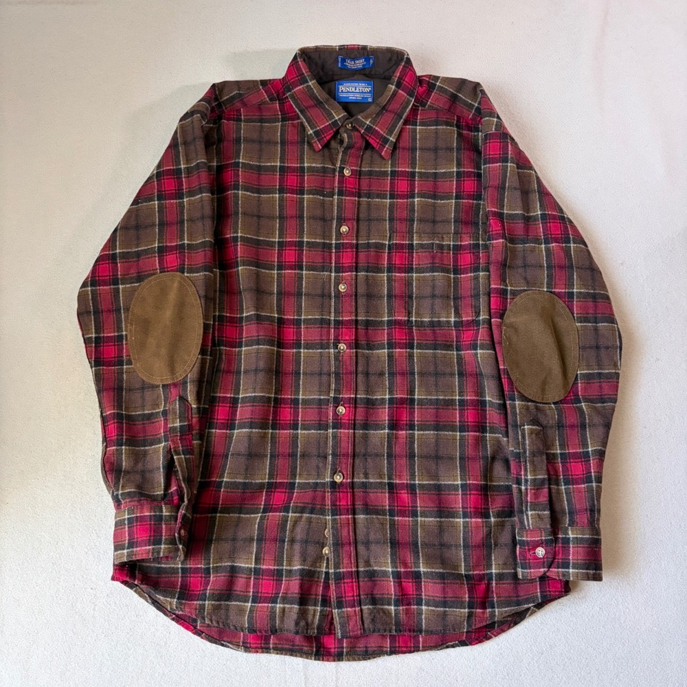 Pendleton Trail Shirt Mens Large Red Brown Plaid Wool Elbow Patches Button Up